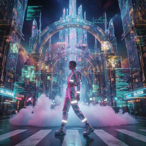 Neon Futuristic Cityscape with Walking Figure — No. 580 — Digital Wall Art