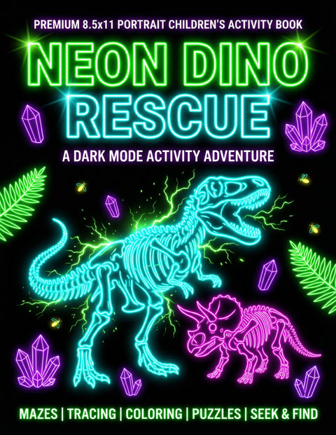 Neon Dino Rescue: Dark Mode Activity Book