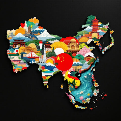 Asia Cultural Landmarks Map Wall Art - Black Background | Taj Mahal, Mt. Fuji, Great Wall, Pagodas