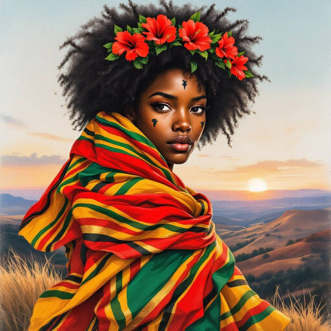 Vibrant Cultural Portrait with Flowers — No. 168 — Digital Wall Art