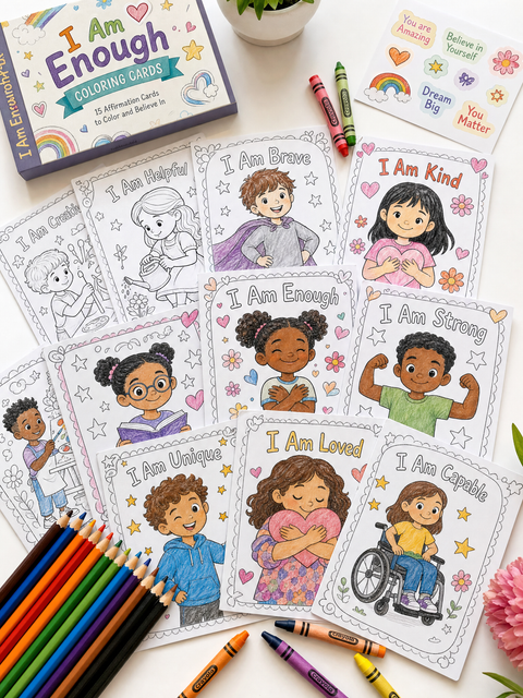 I Am Enough: Diverse Kids Affirmation Coloring Cards — Printable SEL Activity (Digital PDF)
