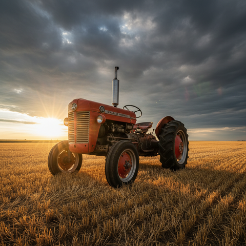 Red Tractor Under Storm Clouds