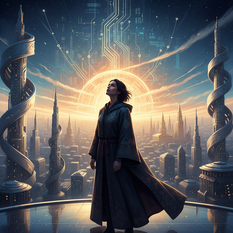 Futuristic Cityscape Cloaked Figure Wall Art — No. 597 — Digital Wall Art