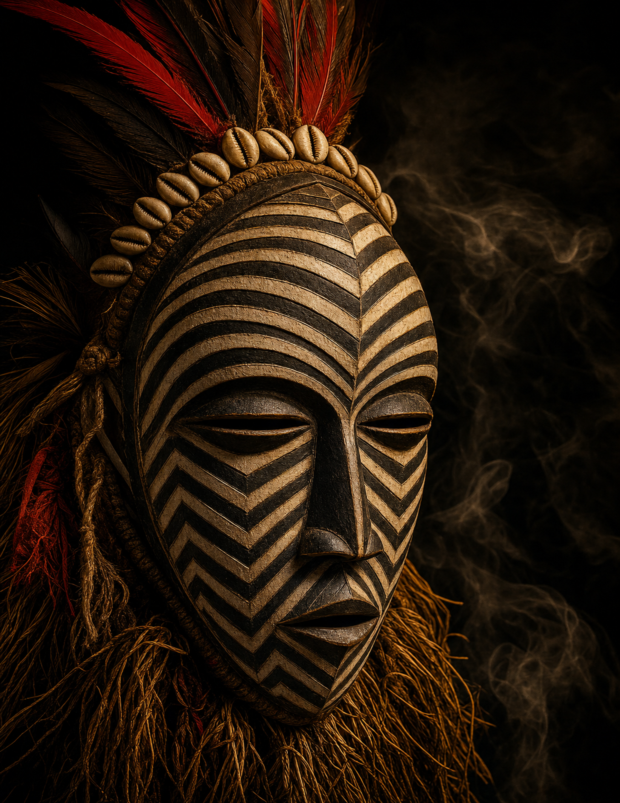 Wooden mask with black and tan zigzag pattern, adorned with shells and feathers.