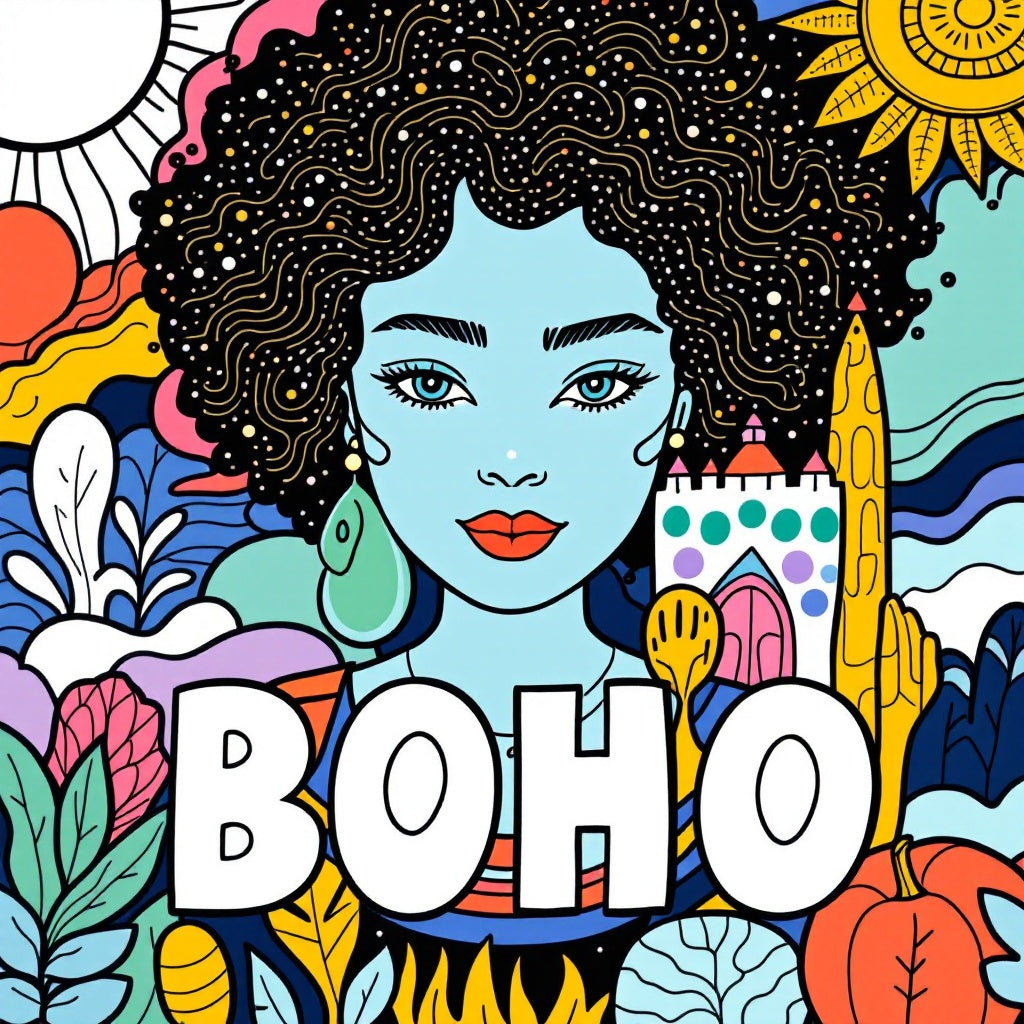 Bohemian Colorful Afro Floral Portrait
