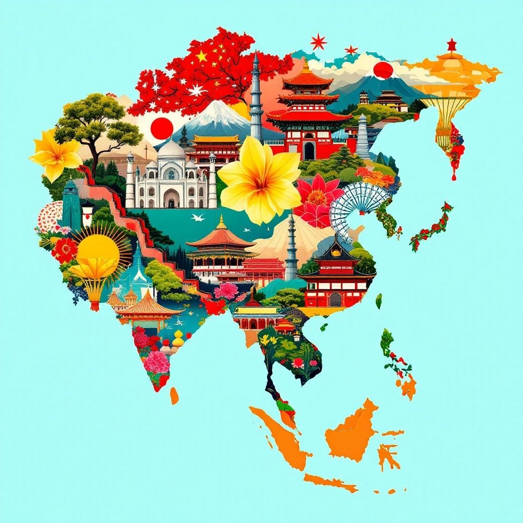 Asia Cultural Landmarks Map Wall Art - Mint/Teal Background | Multicultural Asian Heritage Print