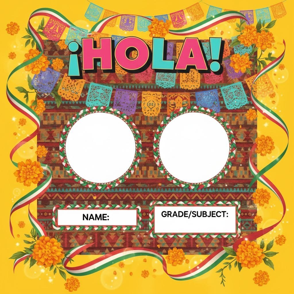 ¡Hola! First Day of School Photo Frame Card - vibrant yellow background with papel picado banners and marigolds