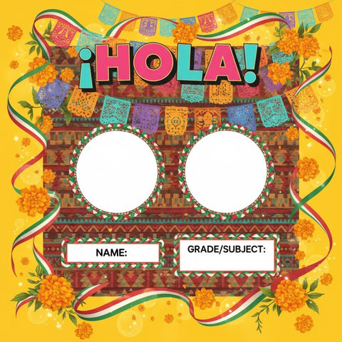 ¡Hola! First Day of School Photo Frame Card - vibrant yellow background with papel picado banners and marigolds
