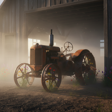 Green Tractor Emerging from Barn