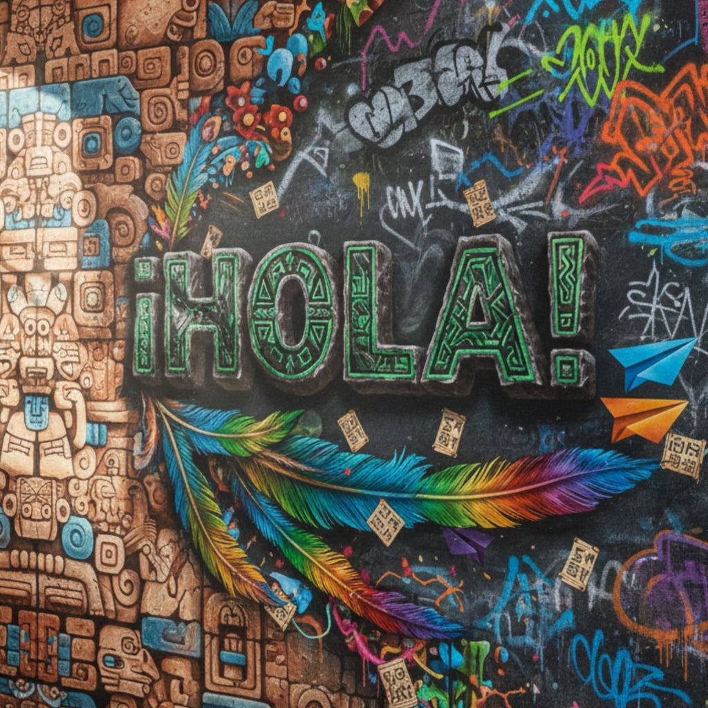 ¡Hola! Classroom Poster - bold urban graffiti style with Aztec motifs and rainbow feathers