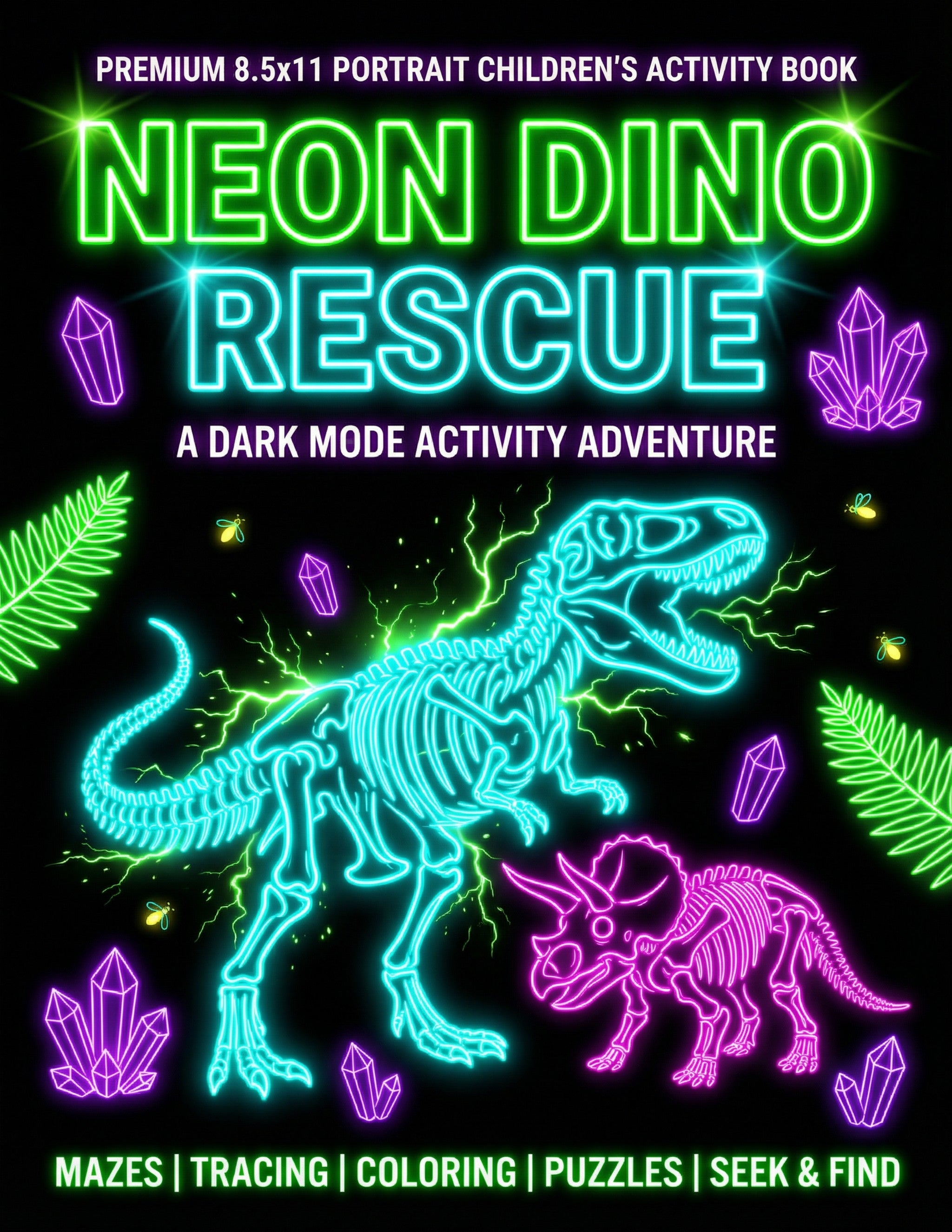 Neon Dino Rescue: Dark Mode Activity Book