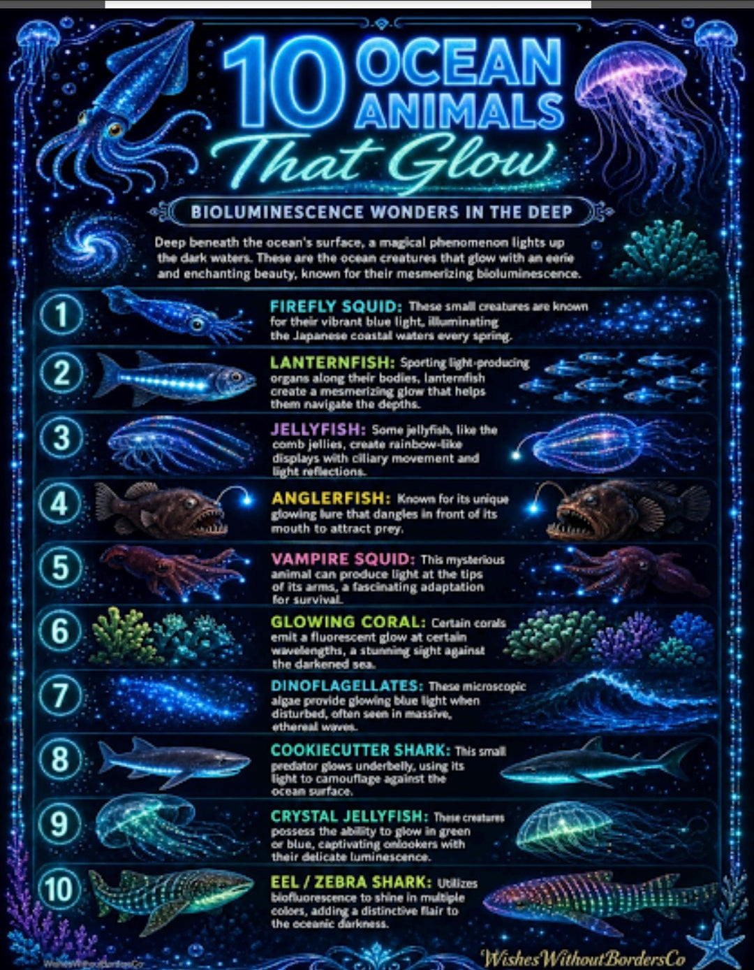 10 Ocean Animals That Glow | Bioluminescence Wonders | Educational Poster Set