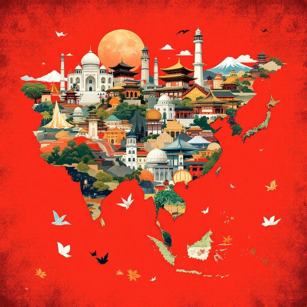 Asia Cultural Landmarks Map Wall Art - Red Background | Asian Decor Digital Print
