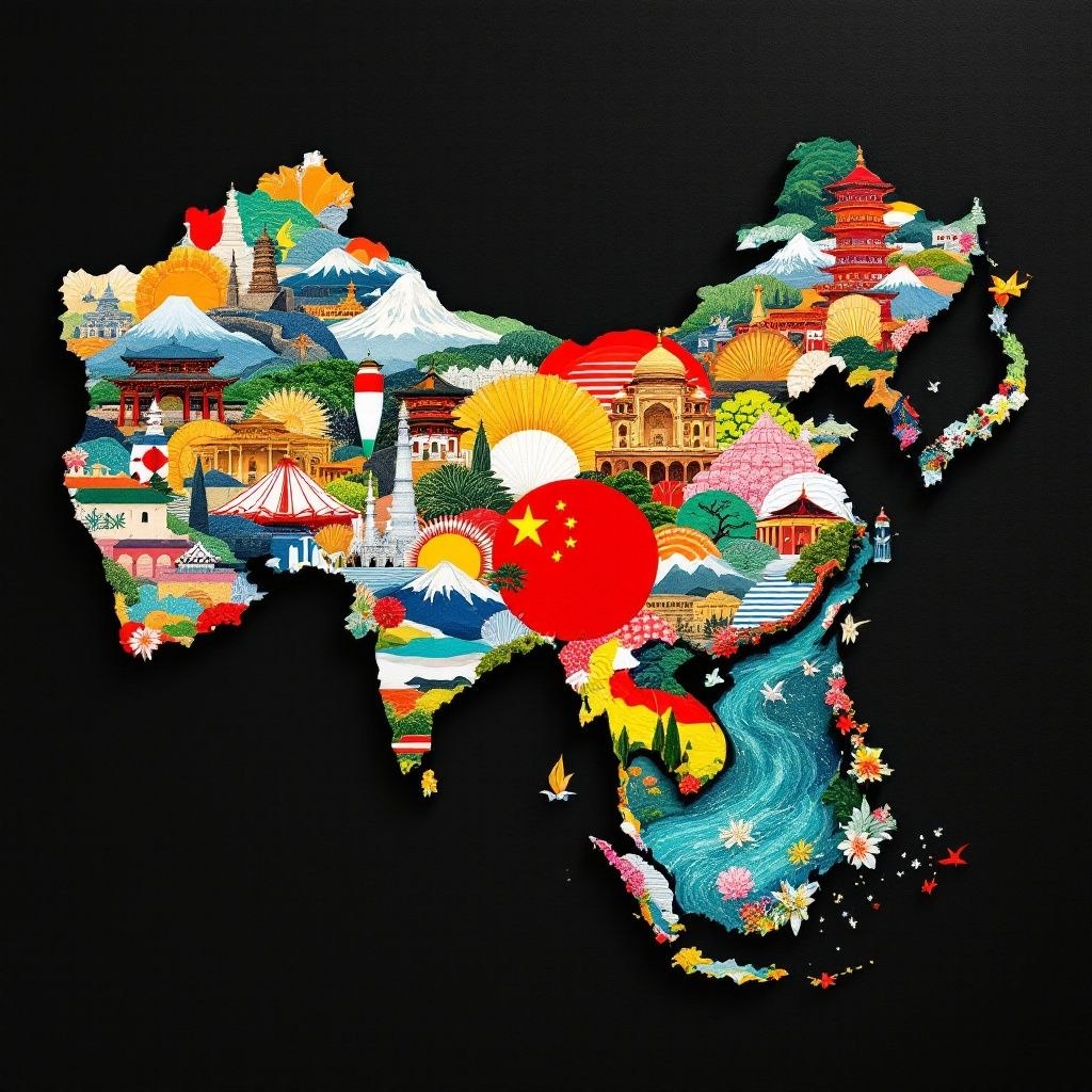 Asia Cultural Landmarks Map Wall Art - Black Background | Taj Mahal, Mt. Fuji, Great Wall, Pagodas