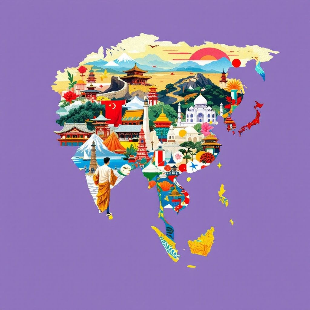 Asia Cultural Landmarks Map Wall Art - Purple Background | Printable Wall Art