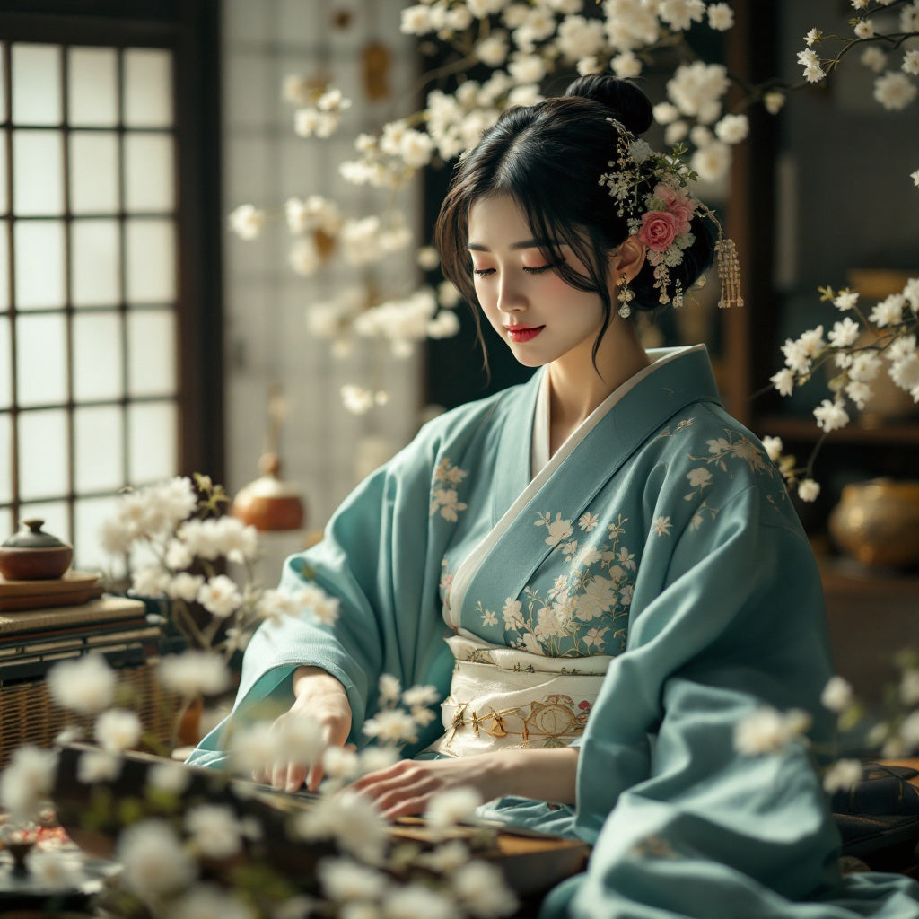Jade Kimono and White Blossoms