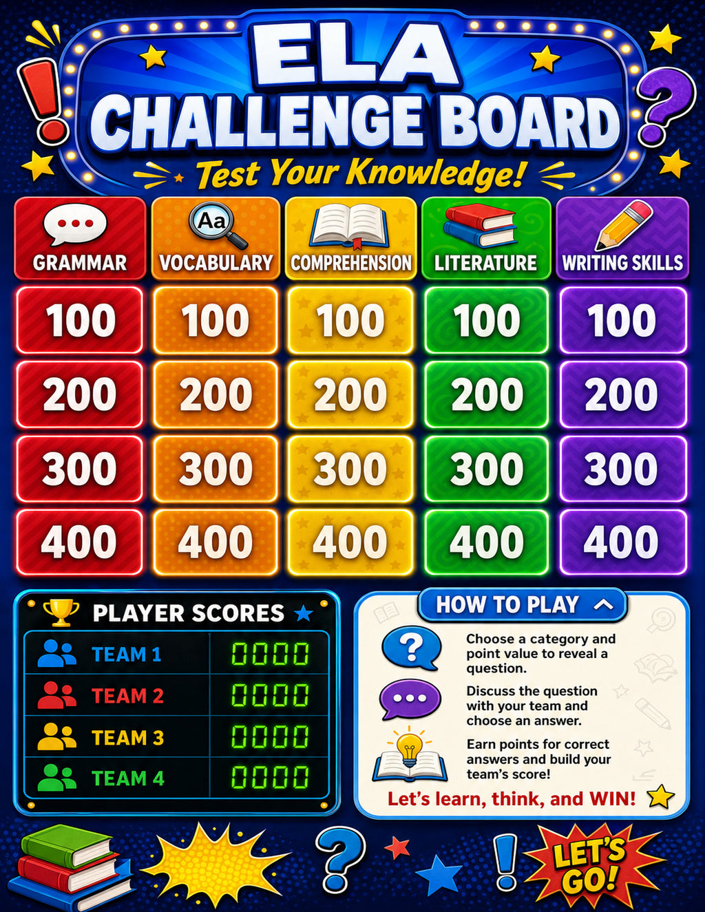 ELA Challenge Board – Printable Classroom Review Game PNG image 1