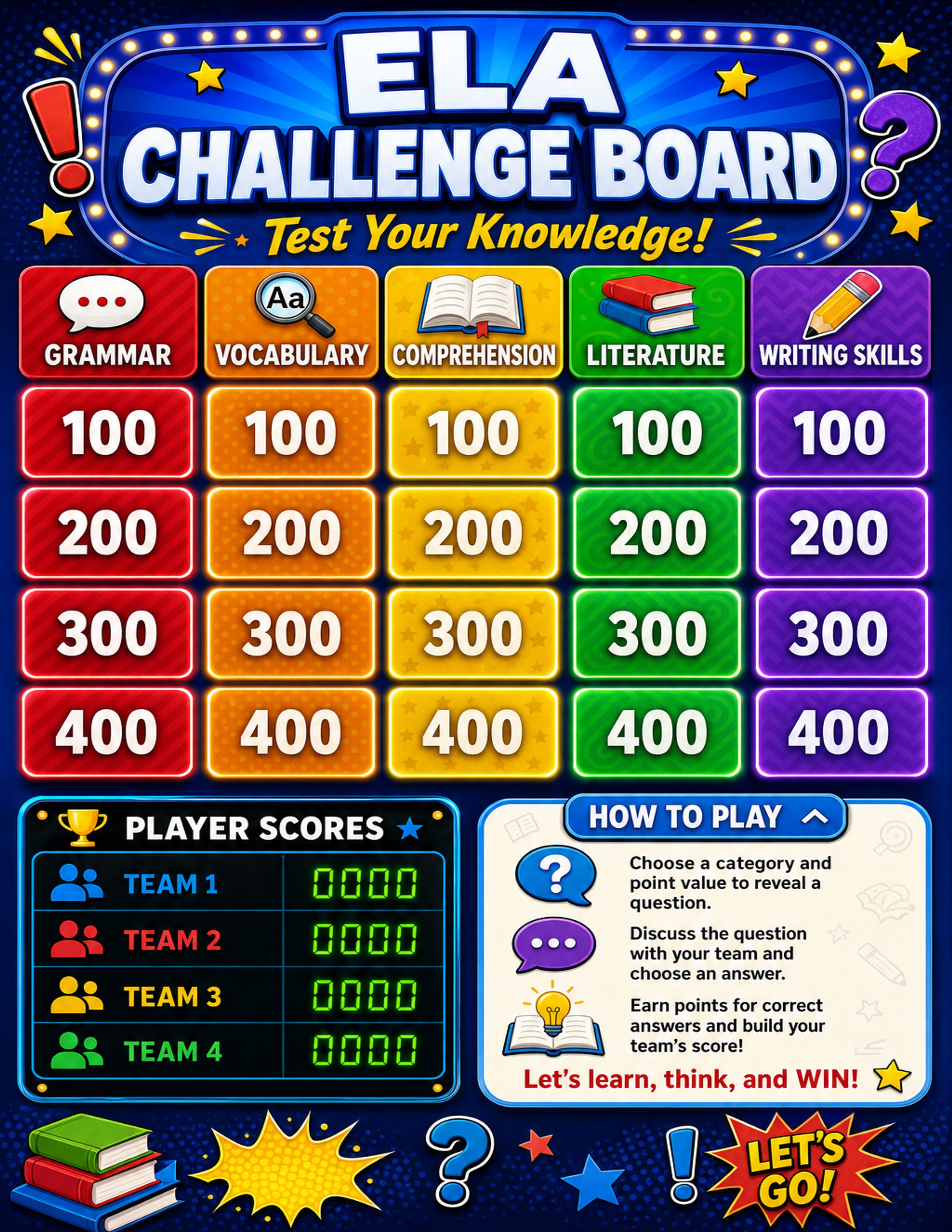 ELA Challenge Board – Printable Classroom Review Game PNG image 1