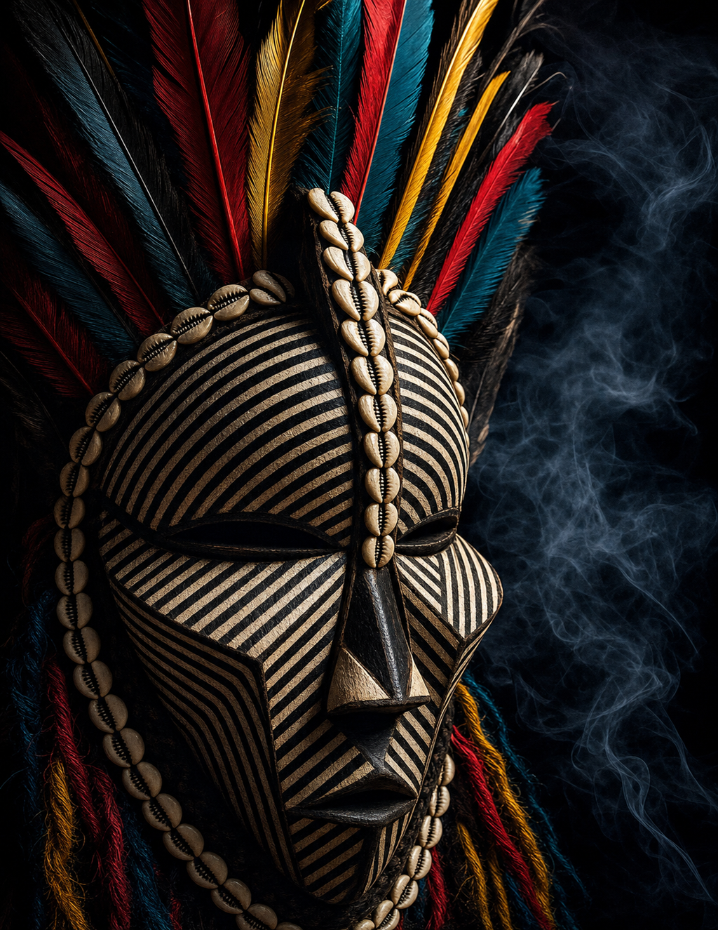 Tribal mask with striped pattern, cowrie shells, and colorful feathers against dark background.