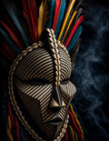 Tribal mask with striped pattern, cowrie shells, and colorful feathers against dark background.