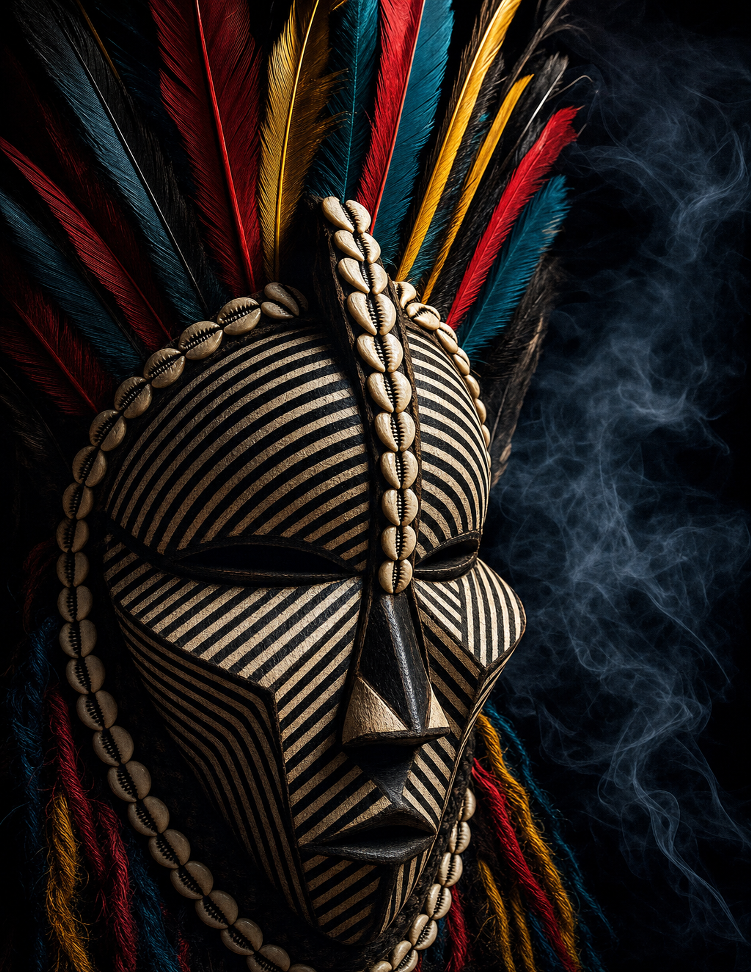 Tribal mask with striped pattern, cowrie shells, and colorful feathers against dark background.