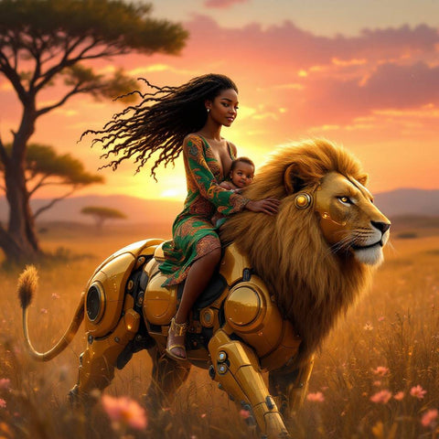 Ethereal Fantasy Portrait with Robotic Lion — No. 049 — Digital Wall Art