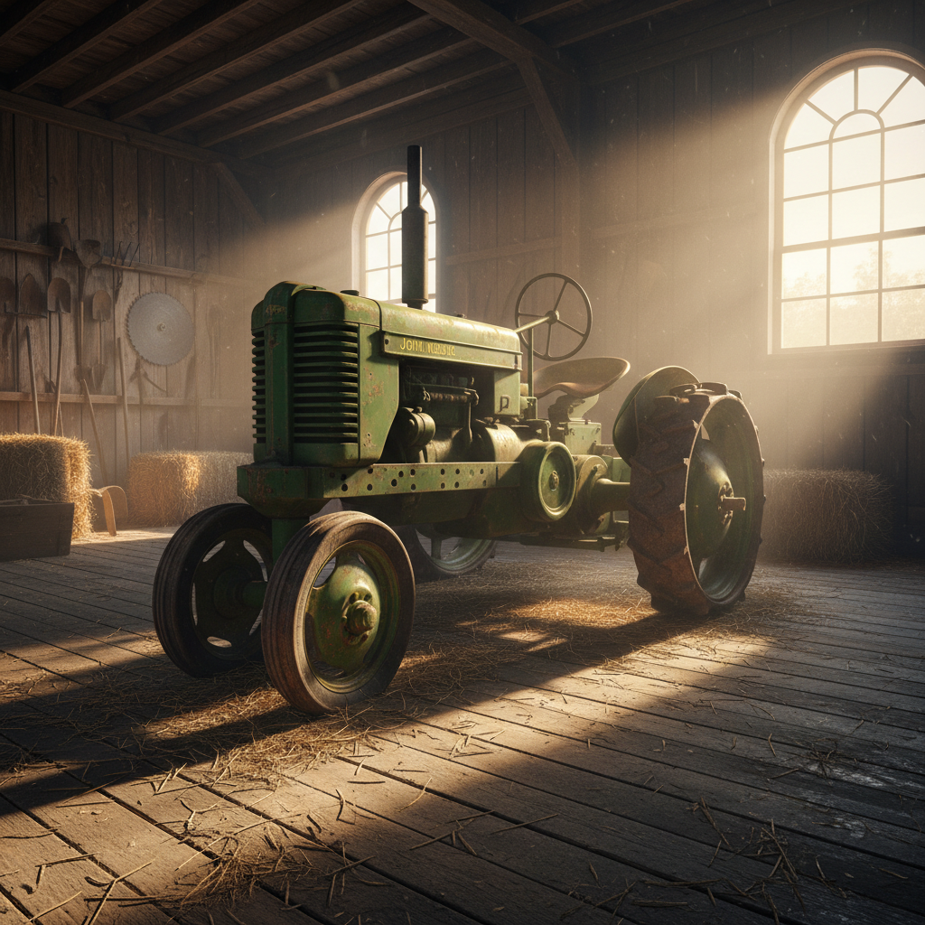 Green Tractor in Misty Barn