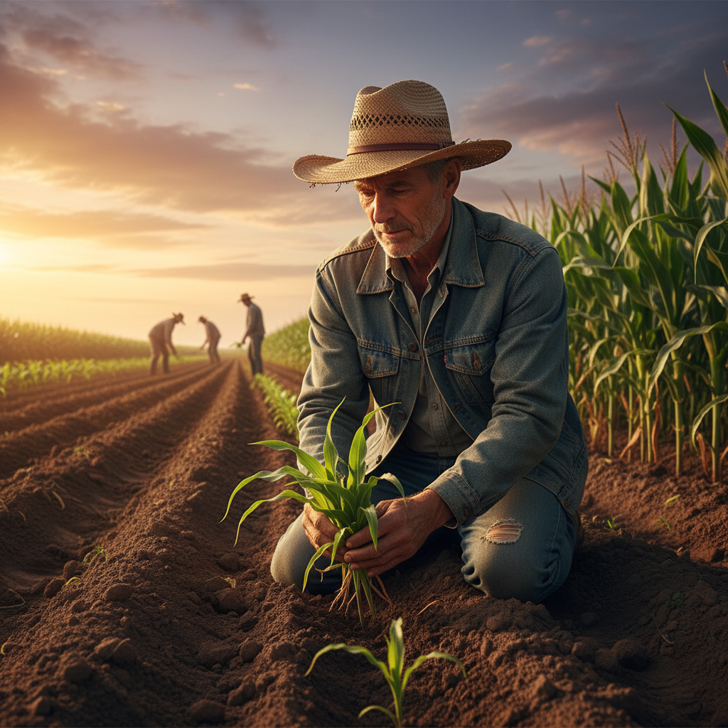 Farmer Tending Young Corn