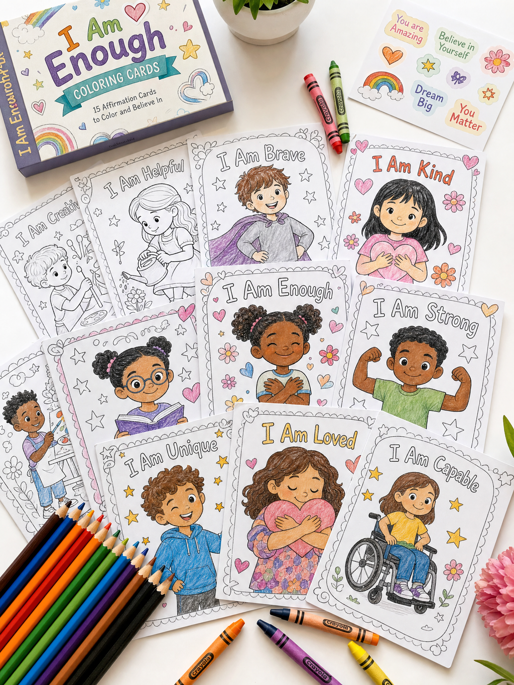 I Am Enough: Diverse Kids Affirmation Coloring Cards — Printable SEL Activity (Digital PDF)