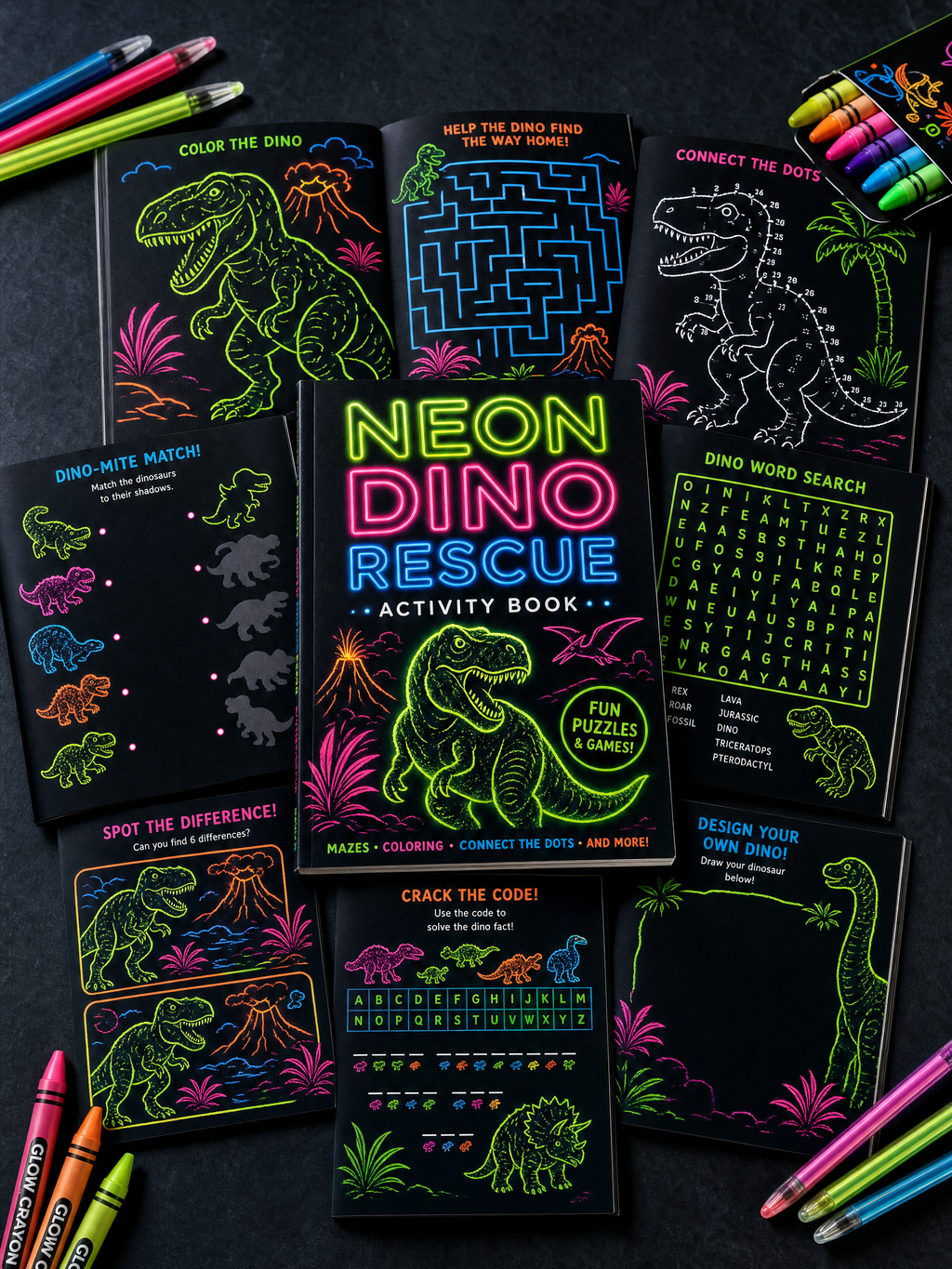 Neon Dino Rescue: Dark Mode Activity Book — Dinosaur Coloring & Puzzles (Digital PDF)