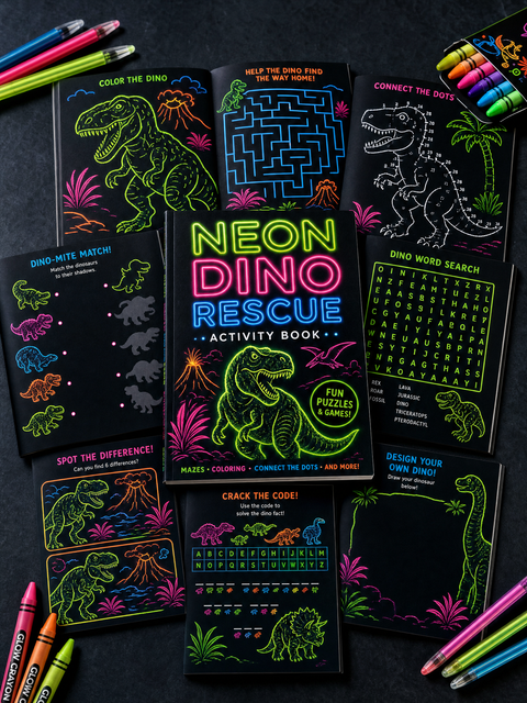 Neon Dino Rescue: Dark Mode Activity Book — Dinosaur Coloring & Puzzles (Digital PDF)