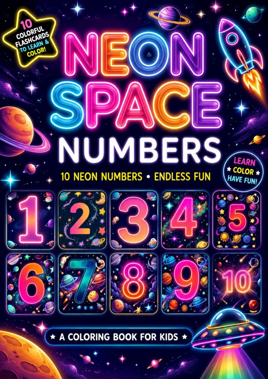 Neon Space Numbers 1-10 cover — printable flashcards and coloring book for kids