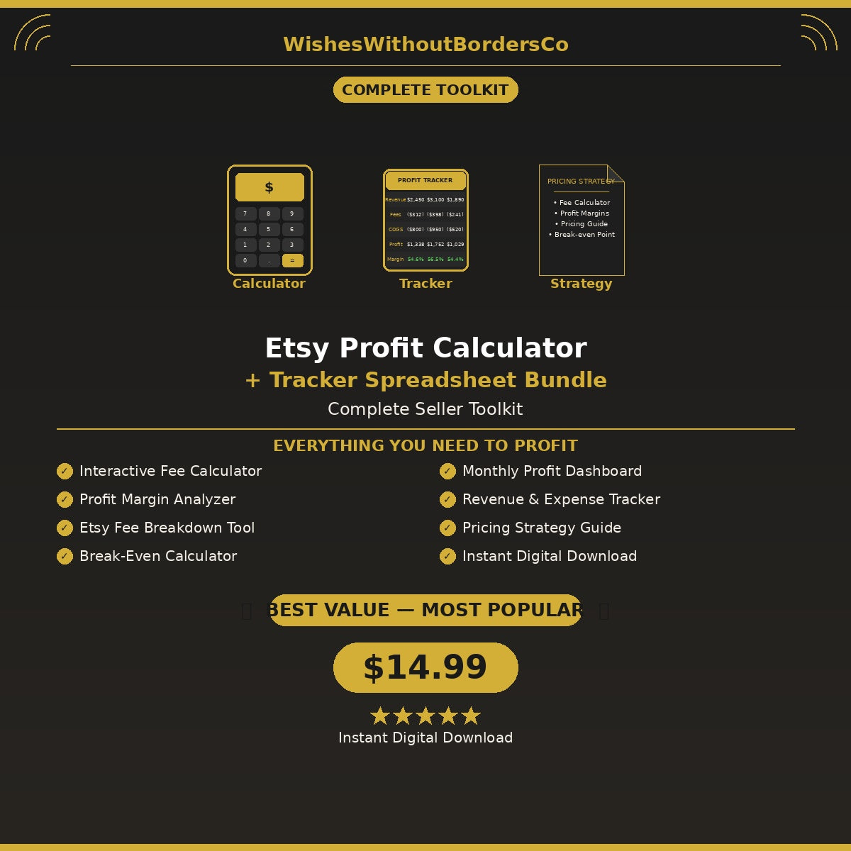 Etsy Profit Calculator + Tracker Spreadsheet Bundle - Complete Seller Toolkit - WishesWithoutBordersCo