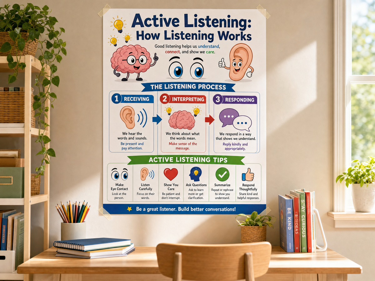 Active Listening Poster | SEL Classroom Decor | How Listening Works | Social Skills Wall Art | Communication Skills Print | Digital Download
