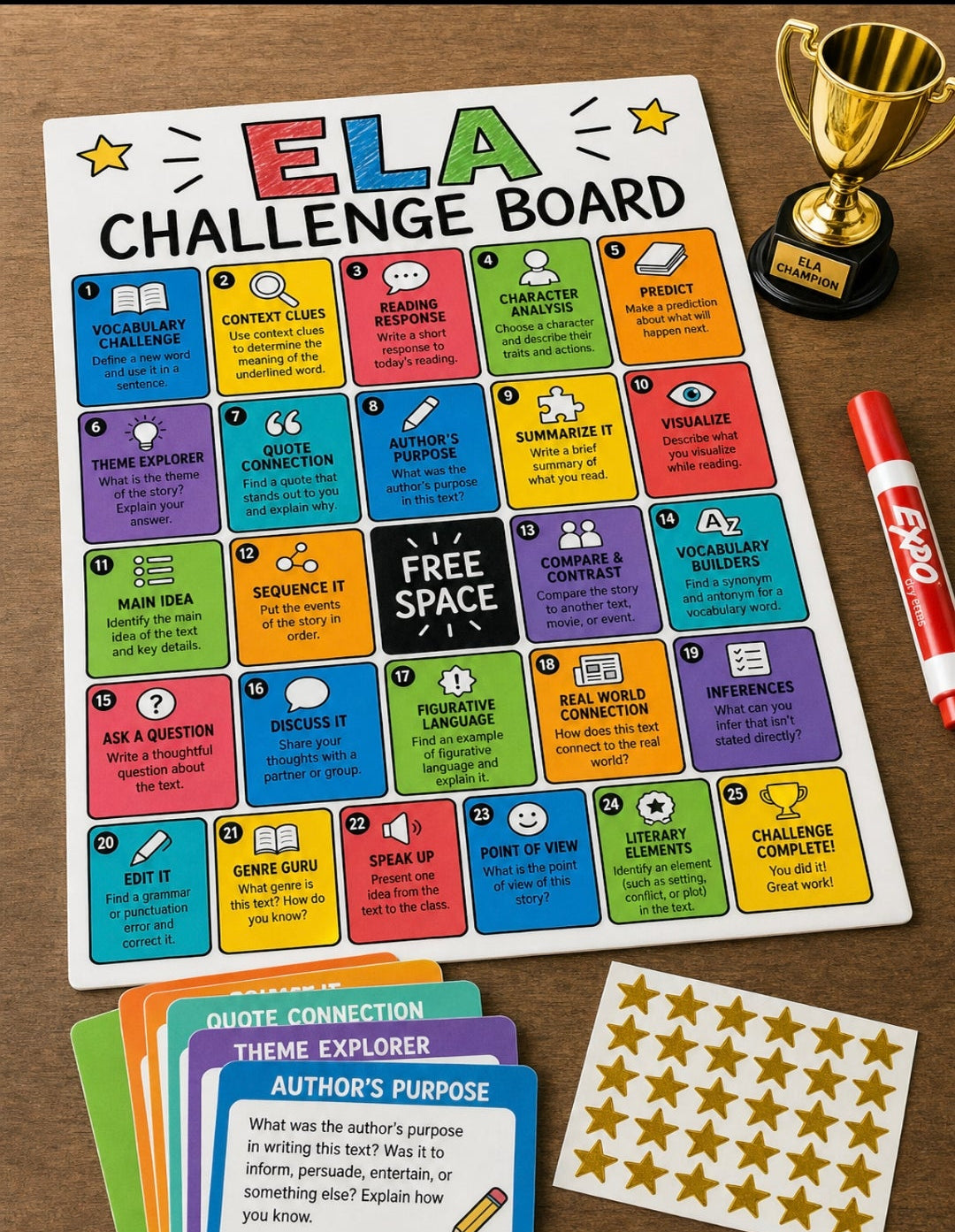 ELA Challenge Board – Printable Classroom Review Game PNG