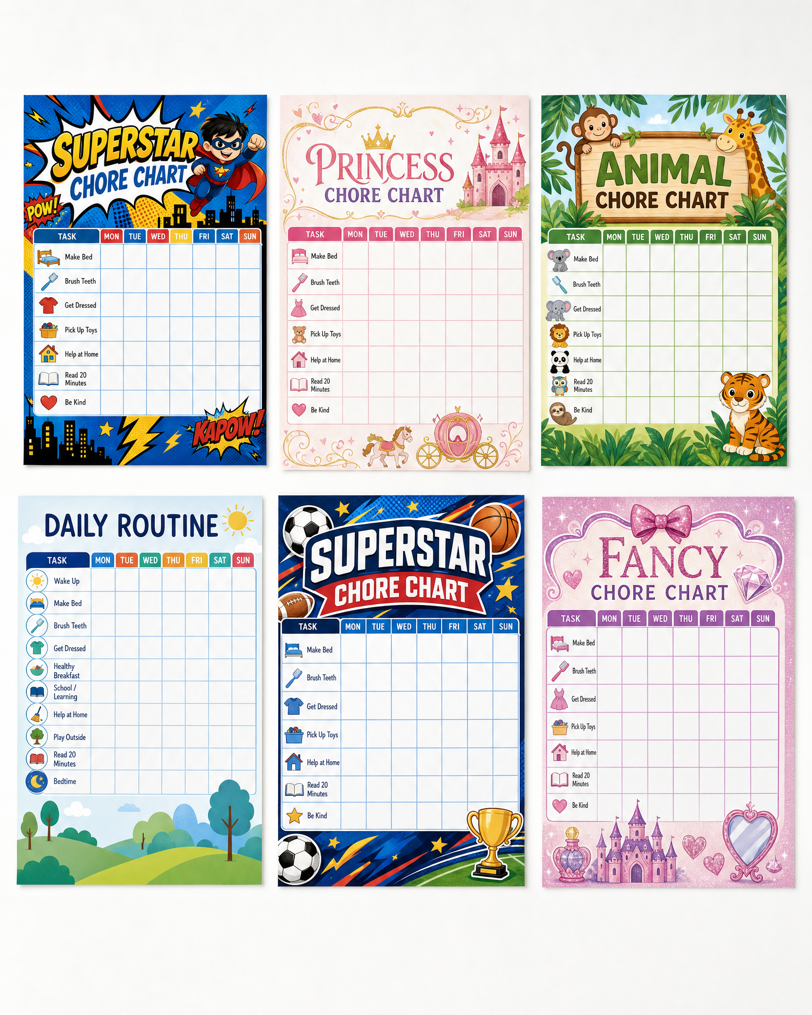 Kids Chore Chart & Reward Tracker Bundle | 6 Printable Chore Charts | Superhero, Princess, Animals & Daily Trackers | Instant Download PDF