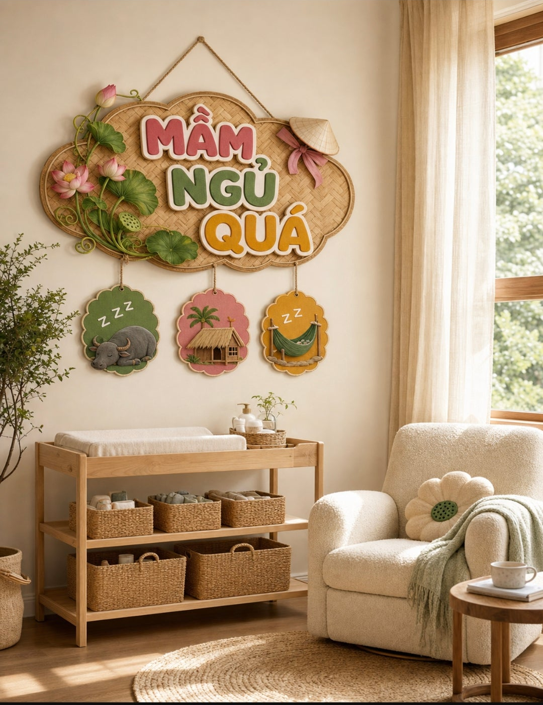 Vietnamese Nursery Wall Art | Mầm Ngủ Quá | Baby Room Decor | Sleepy Water Buffalo & Countryside Charm | Boho Felt Style | New Baby Gift