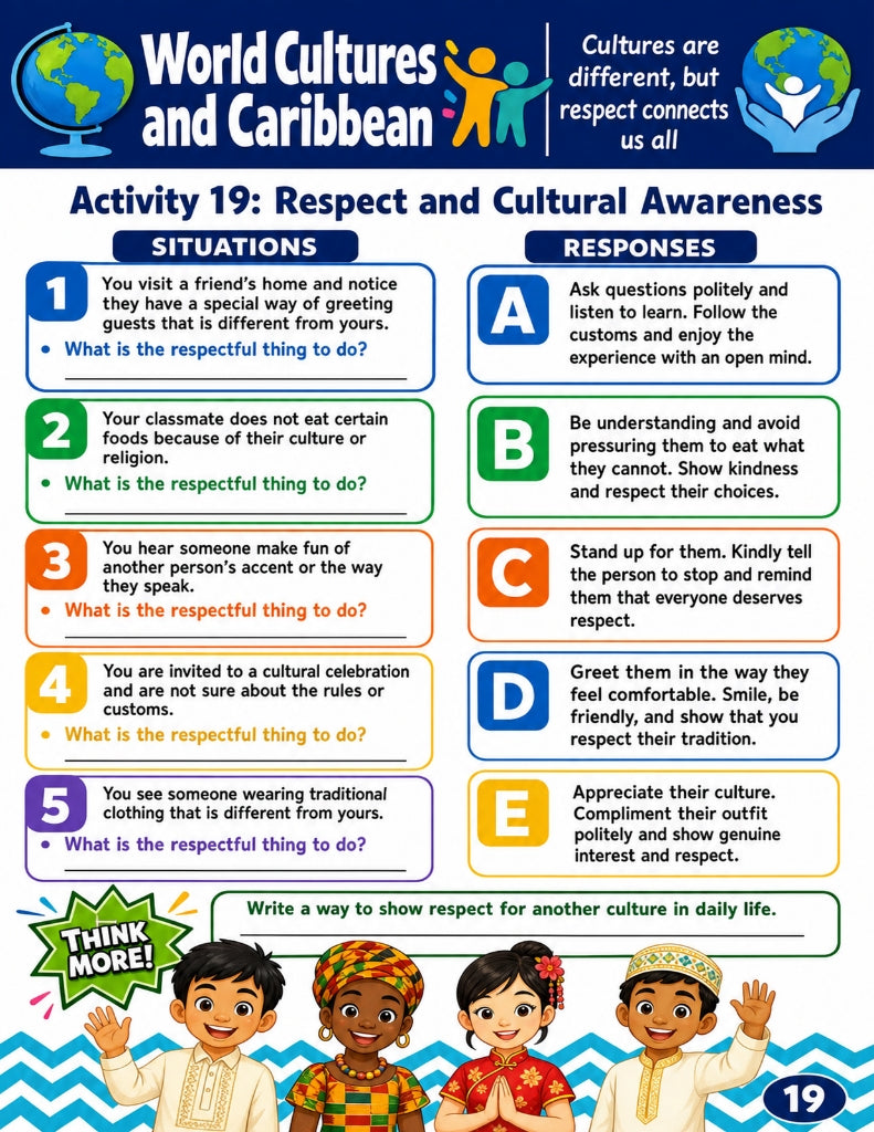 World Cultures and Caribbean Activity Pack for Kids | 20-Page Printable Homeschool Workbook | Cultural Awareness, Geography & Social Studies | Educational Digital Download