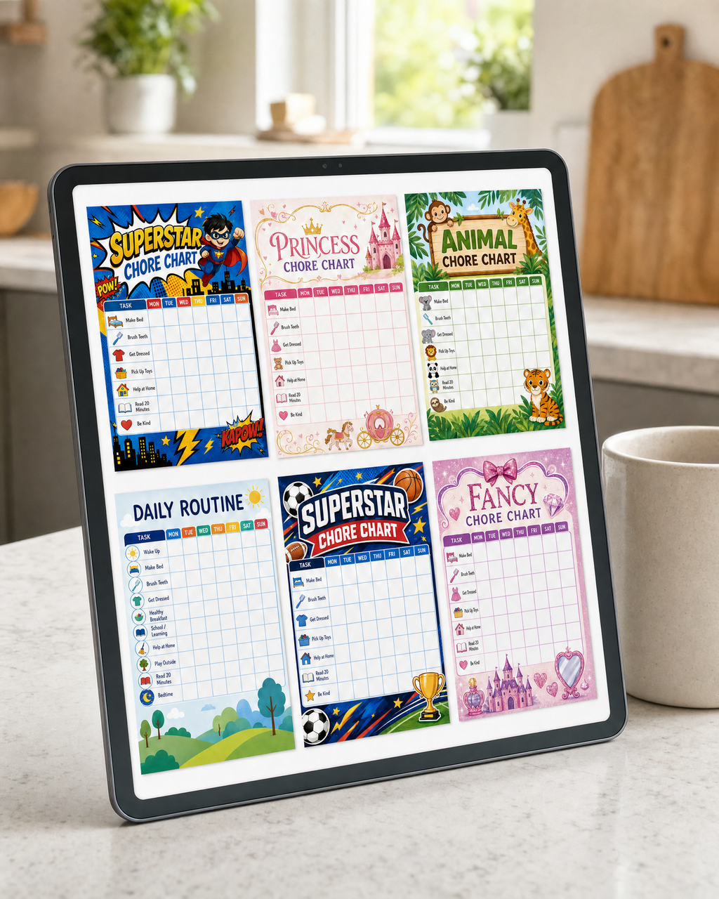 Kids Chore Chart & Reward Tracker Bundle | 6 Printable Chore Charts | Superhero, Princess, Animals & Daily Trackers | Instant Download PDF
