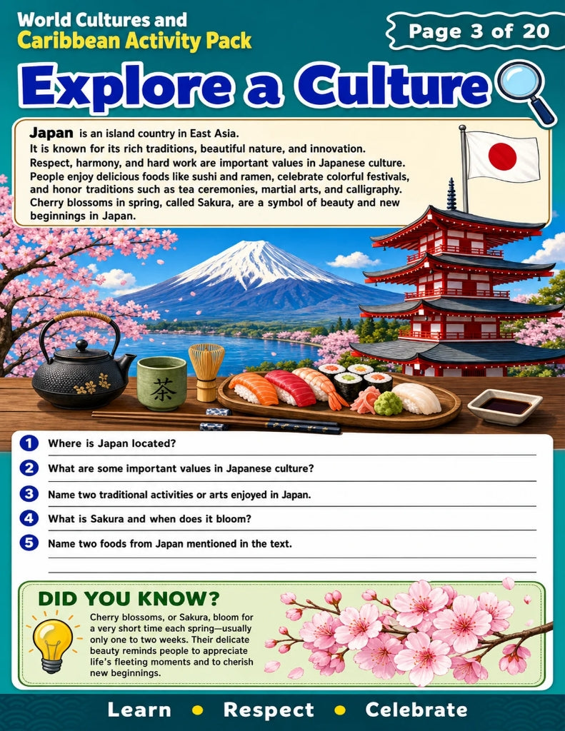 World Cultures and Caribbean Activity Pack for Kids | 20-Page Printable Homeschool Workbook | Cultural Awareness, Geography & Social Studies | Educational Digital Download