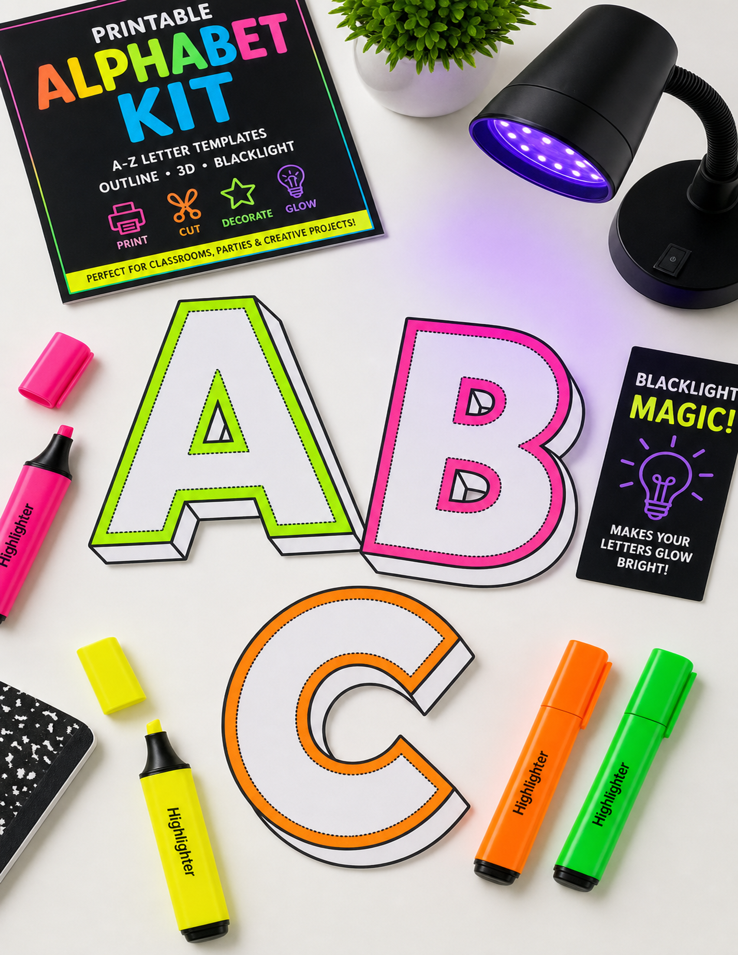 DIY Neon Name Sign Kit — 2 Styles A-Z + 0-9 | Printable Blacklight Glow Letters | Kids Room Decor | UV Highlighter Trace Art | Instant Download