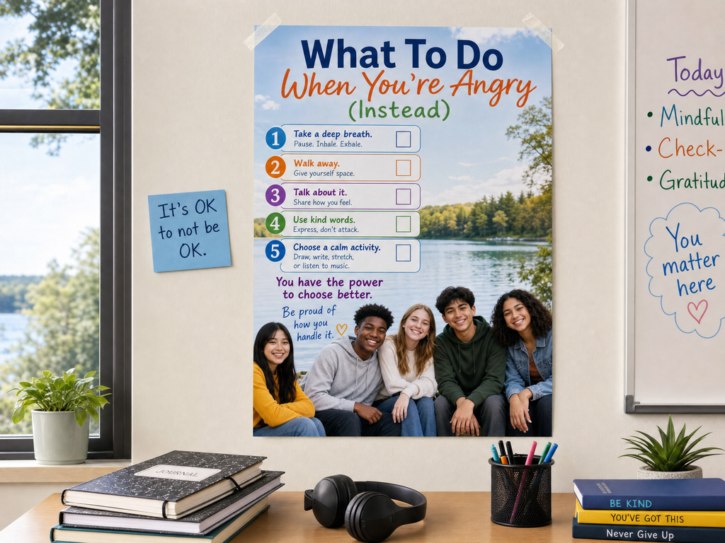 What To Do When You're Angry Poster | SEL Classroom Decor | Anger Management Wall Art | Coping Skills Print | Middle School | Digital Download