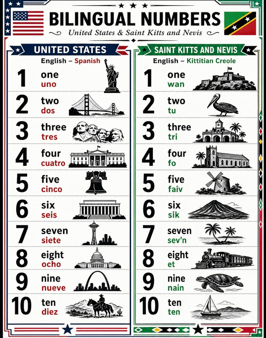 Numbers Around the World — 15 Multilingual Number Posters 1-10 | Bilingual Counting Landmarks Bundle | Printable Classroom Decor