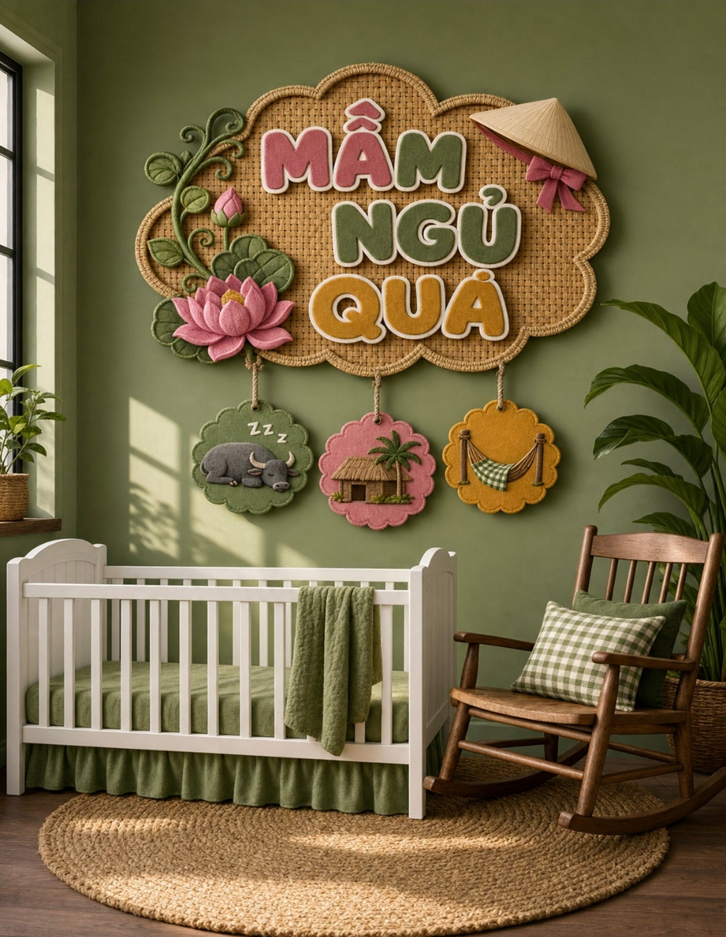 Vietnamese Nursery Wall Art | Mầm Ngủ Quá | Baby Room Decor | Sleepy Water Buffalo & Countryside Charm | Boho Felt Style | New Baby Gift