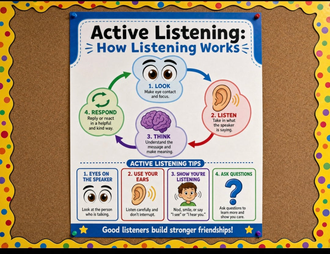 Active Listening Poster | SEL Classroom Decor | How Listening Works | Social Skills Wall Art | Communication Skills Print | Digital Download