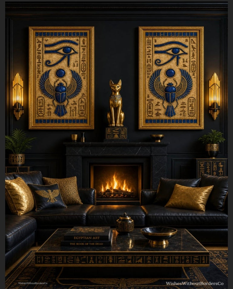 2-Piece Ancient Egyptian Wall Art Set | Eye of Horus & Scarab Beetle Digital Download | Kemetic Decor | Hieroglyphic Temple Printable Art