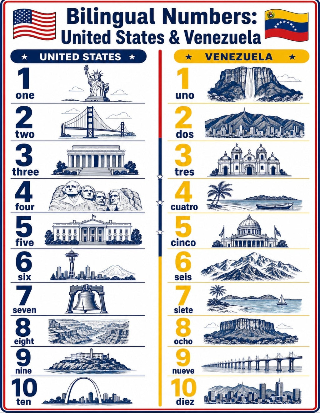 Numbers Around the World — 15 Multilingual Number Posters 1-10 | Bilingual Counting Landmarks Bundle | Printable Classroom Decor