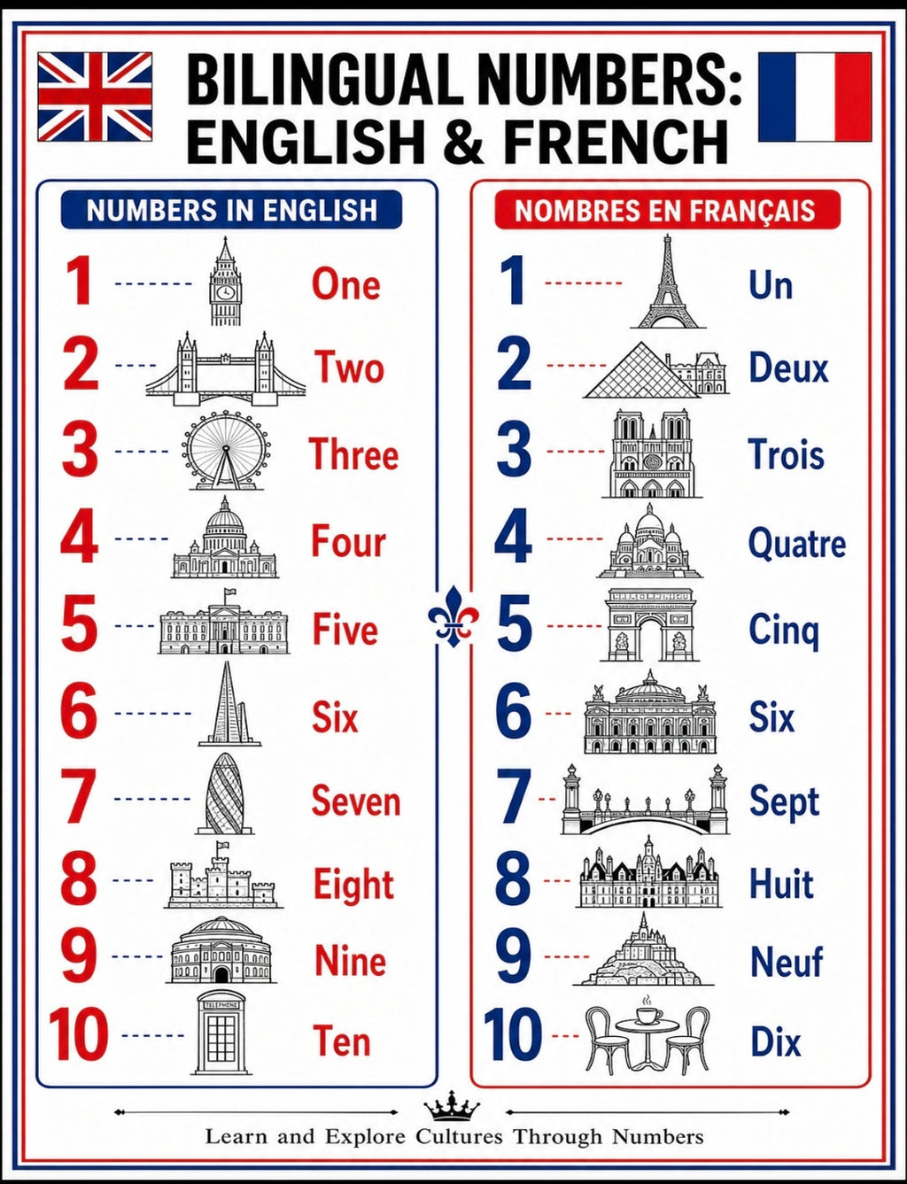 Numbers Around the World — 15 Multilingual Number Posters 1-10 | Bilingual Counting Landmarks Bundle | Printable Classroom Decor