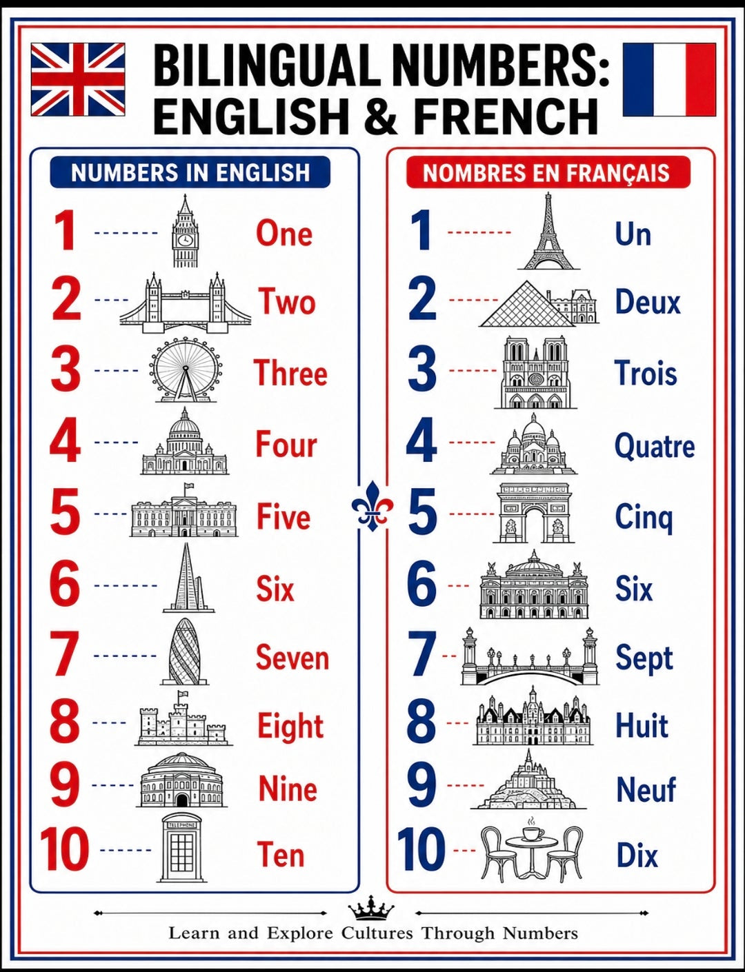 Numbers Around the World — 15 Multilingual Number Posters 1-10 | Bilingual Counting Landmarks Bundle | Printable Classroom Decor