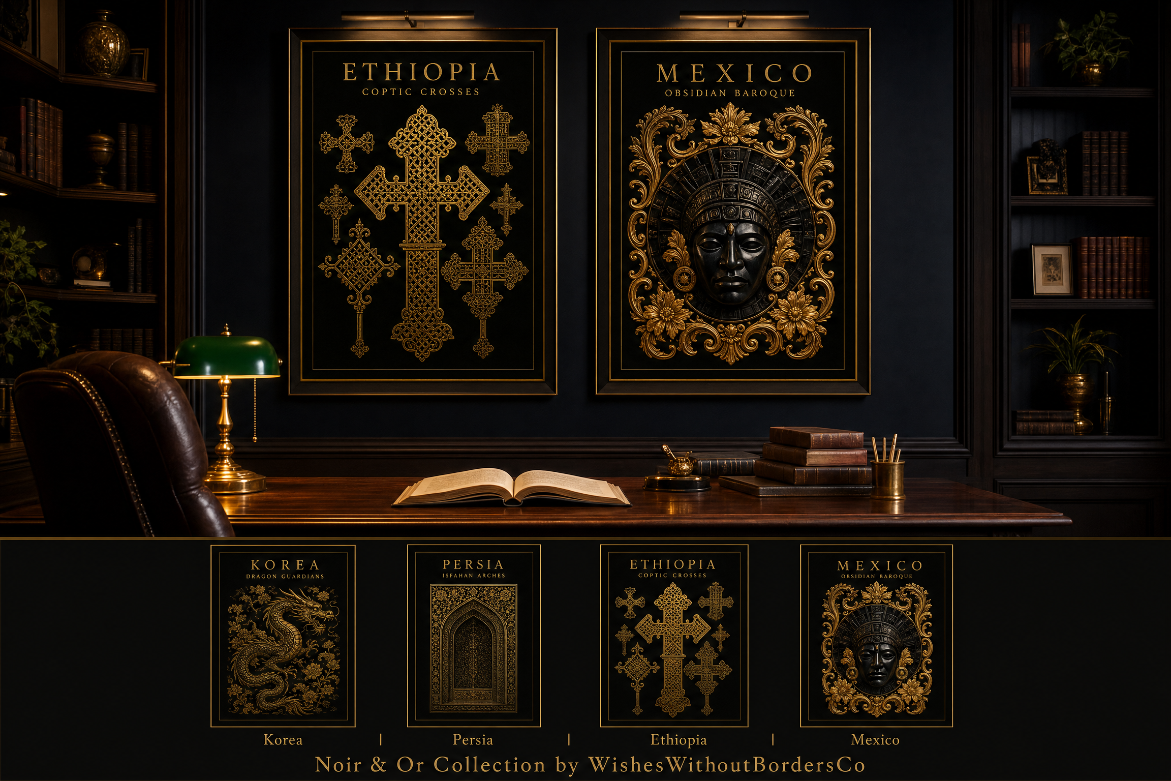 Cultural Elegance Wall Art Set – Black & Gold Korean, Persian, Ethiopian & Mexican Inspired Art Prints
